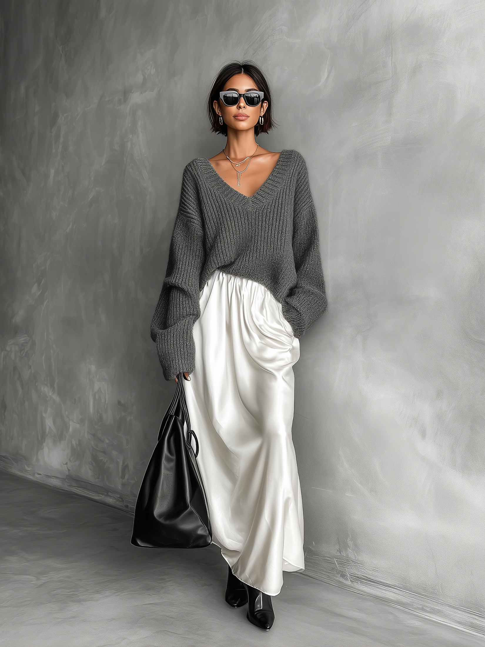 Women's Fashionable And Elegant Gray V-neck Long-sleeved Loose Knit Top Paired With A White Glossy Satin Midi Skirt MDA2992K7AN