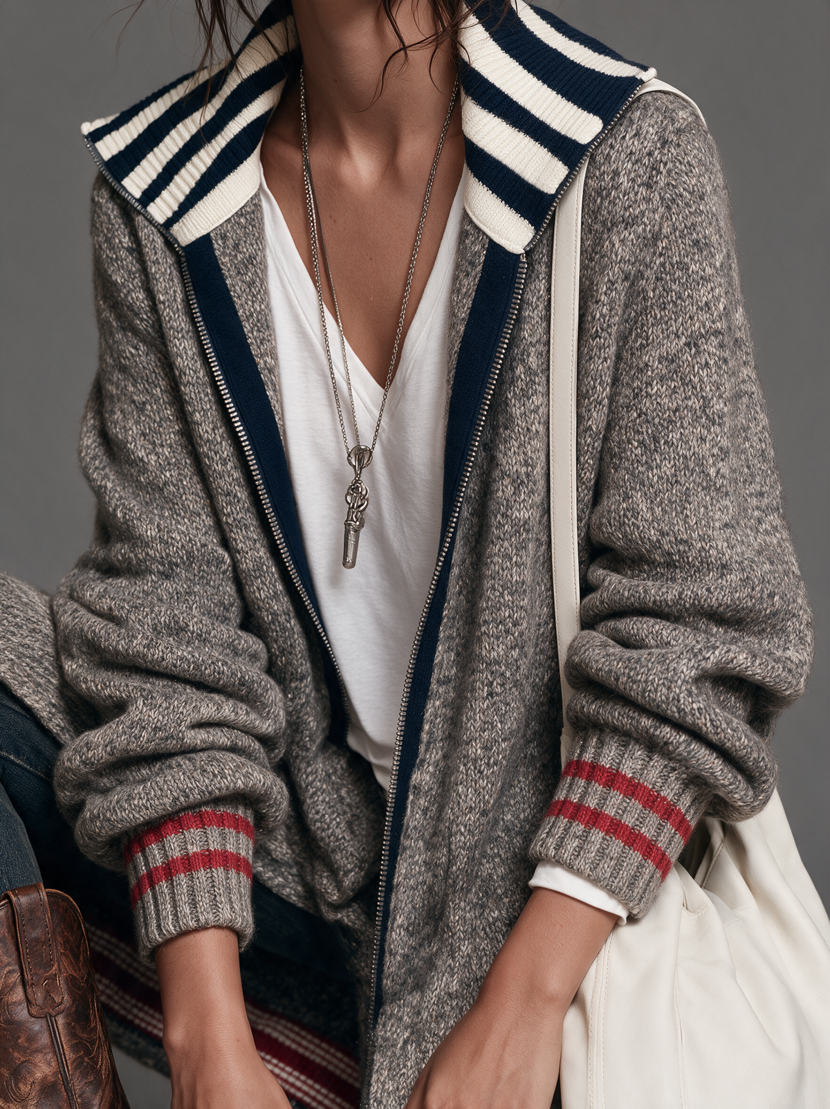 Women's Vintage Color-Block Striped Zip-Up Mid-Length Cardigan MDZ2550H4WY