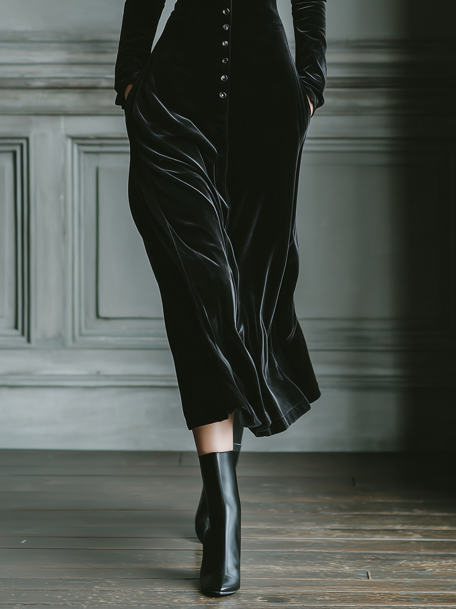 Women's Black Velvet V-neck Fitted Midi Dress MDA1975K7T