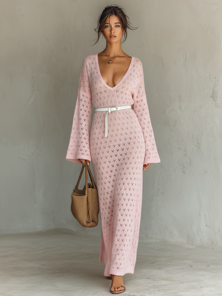 Women's Minimalist Knitted Heart-shaped Cutout V-neck Maxi Dress (Without Belt)MDA1833L2Y