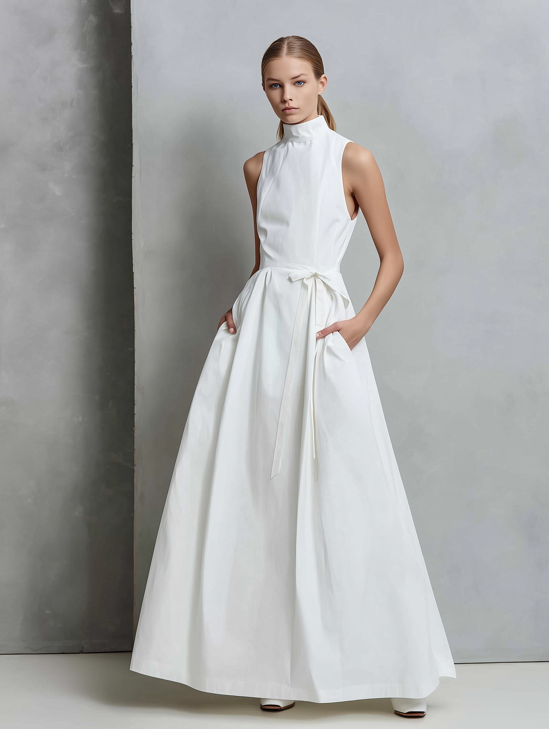 Women's Elegant White High-neck Sleeveless Woven Maxi Dress MDZ0733A5AN
