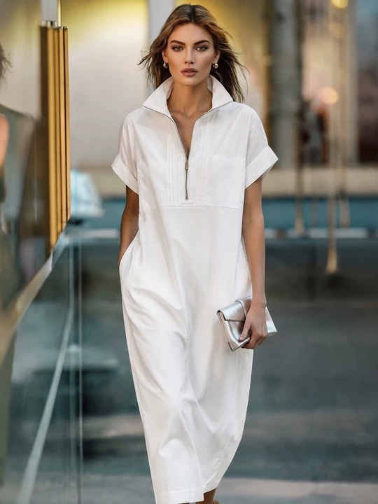 Women's White 100% Cotton Maxi Shirt Dress With Half-Zip Collar & Roll – Modesees