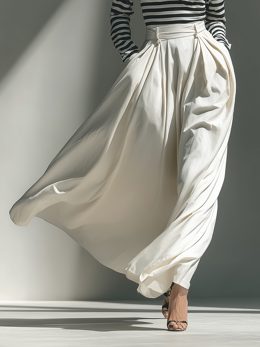 Women's Black-and-White Striped Knit Fabric Top & Ivory Pleated Maxi Skirt Set MDA1793L2T