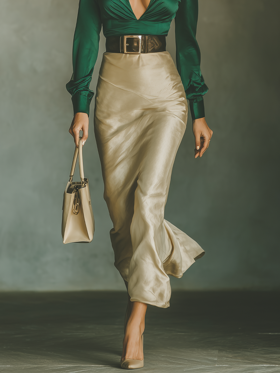 Women's Satin White And Green Contrast Colorway Maxi Dress (Without Belt) MDA0631H7T