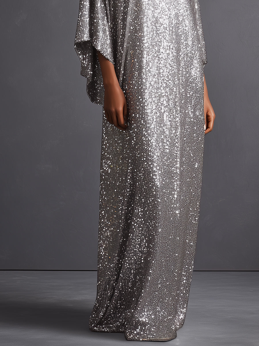 Women's Silver Sequined Elegant Dress With Batwing Sleeves & Floor-Length Cut, Glamorous Evening Style Dress MDA0434K1I