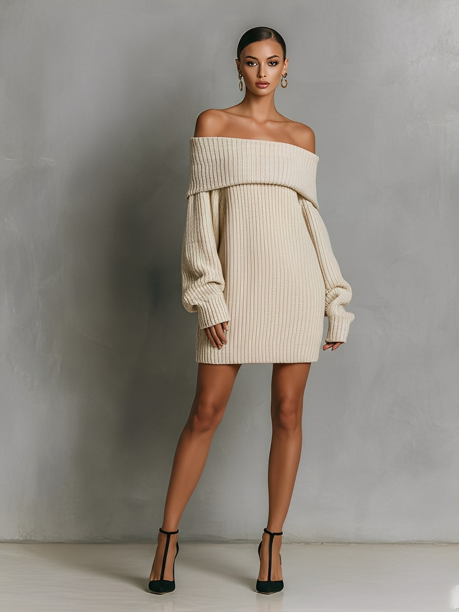 Women's Beige Elegant Rib Knit Off - Shoulder Oversized Sweater Dress MDA1697J2I