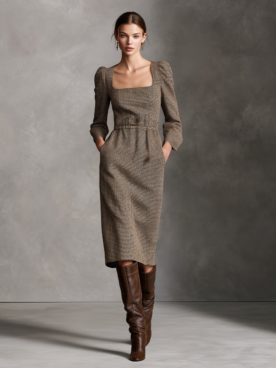 Women’s Tan & White Gingham Classic Elegant Waist-Cinching Midi Dress MDA2998J6I