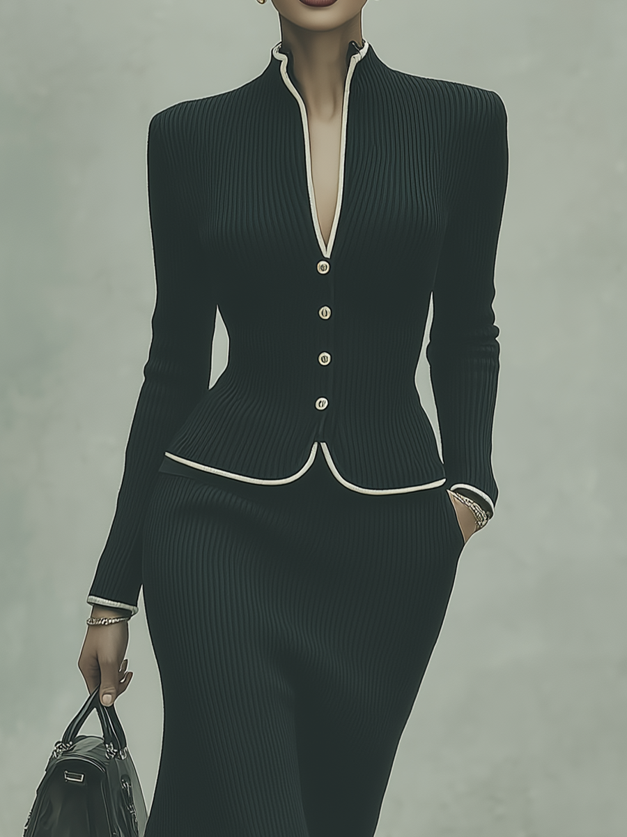 Women's Black Knitted V-neck Elegant Business Set MDA0542H8T
