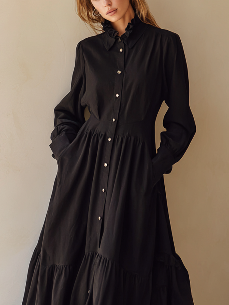 Women's Black Cotton Fabric Ruffled Collar Button-Front Tiered Maxi Shirt Dress MDA1206L8T