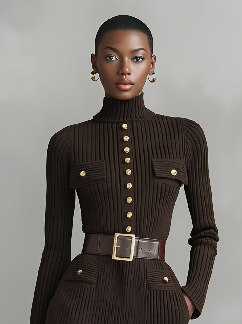 Women's Elegant And Sophisticated Brown Turtleneck Fitted Midi Dress With A Belt, Decorated With Gold Buttons MDA1177K3AN
