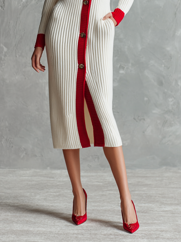Women's Fashion Lapel Single-breasted Red Trim Slim Midi Dress MDA2521H6Y