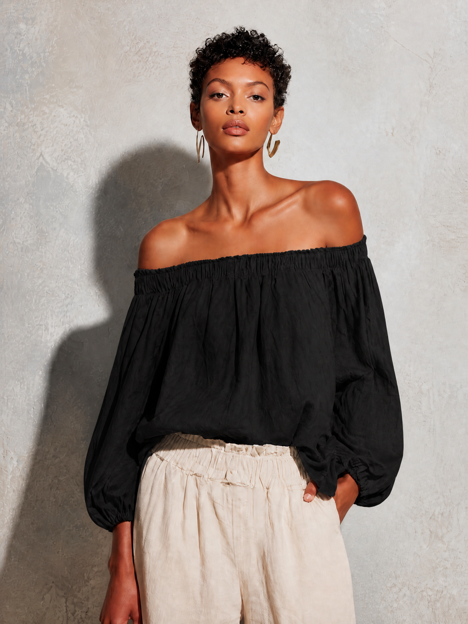 Women's Casual Style Purple Cotton And Linen Off-shoulder Long Lantern Sleeve Top MDZ0697E3GMJ