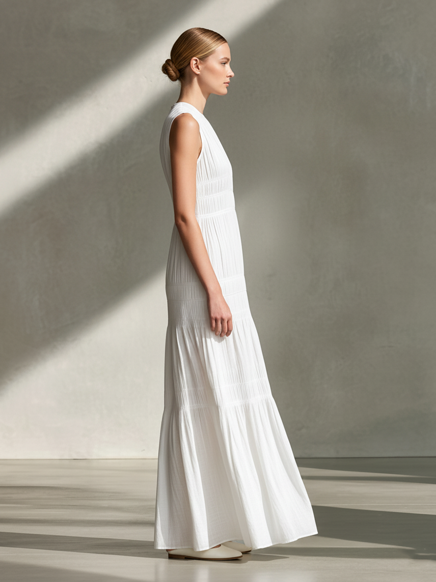 Women's Airy Rayon-Blend White Sleeveless Tiered Pleated Maxi Dress MDA2252L8AU