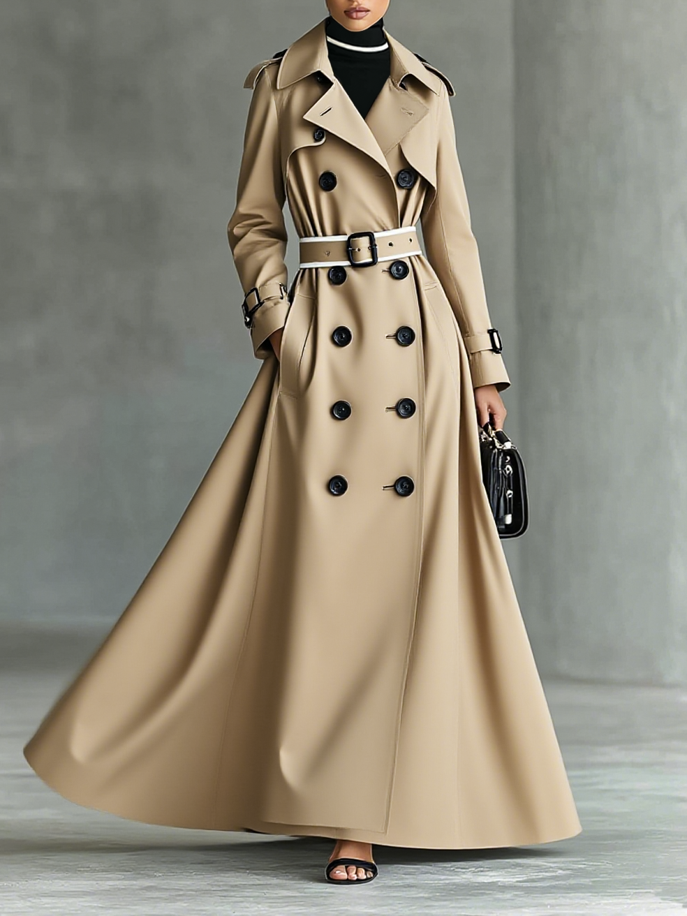 Women's Fashion Lapel Belt Double Breasted Long Trench Coat MDA3002H7Y