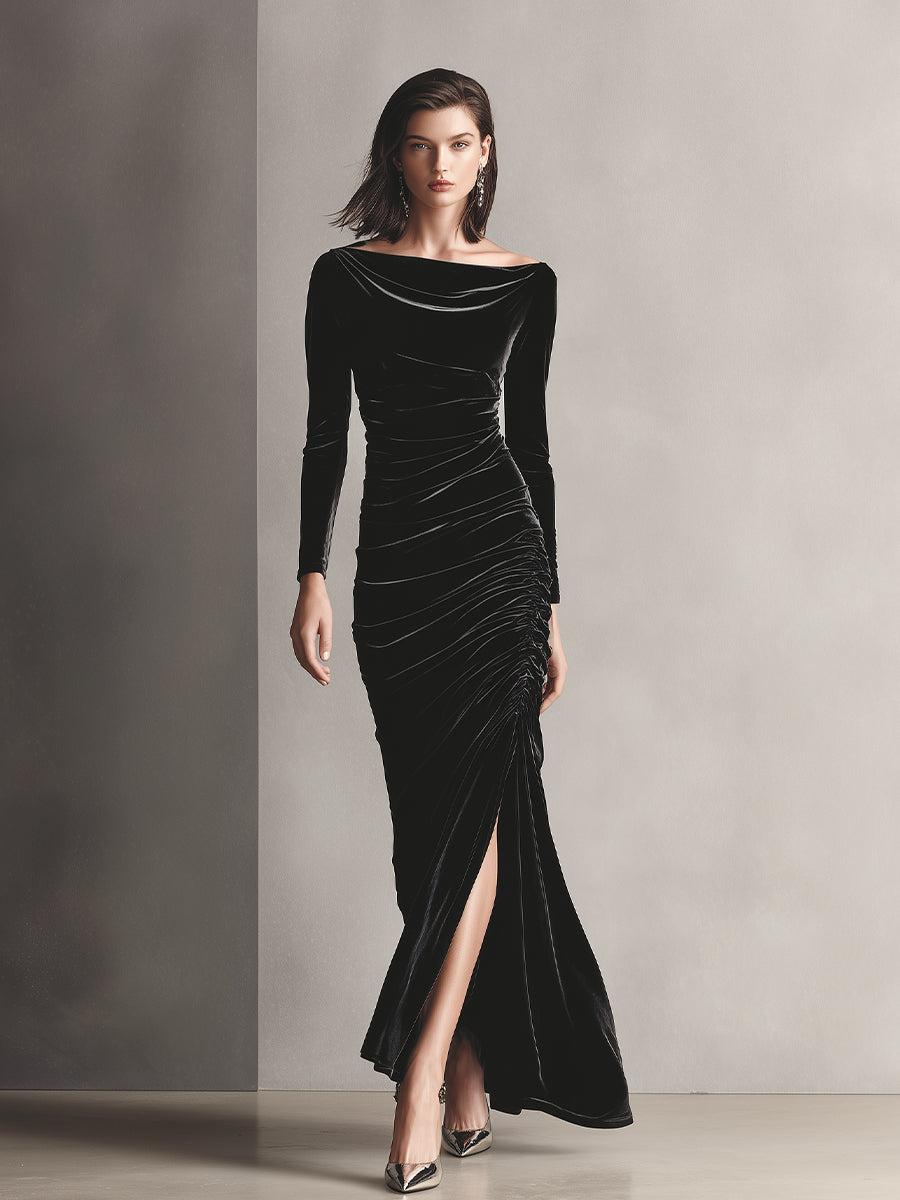 Women's Black Modern Velvet Cowl - Neck Ruched Slit Gown MDA2064J5I