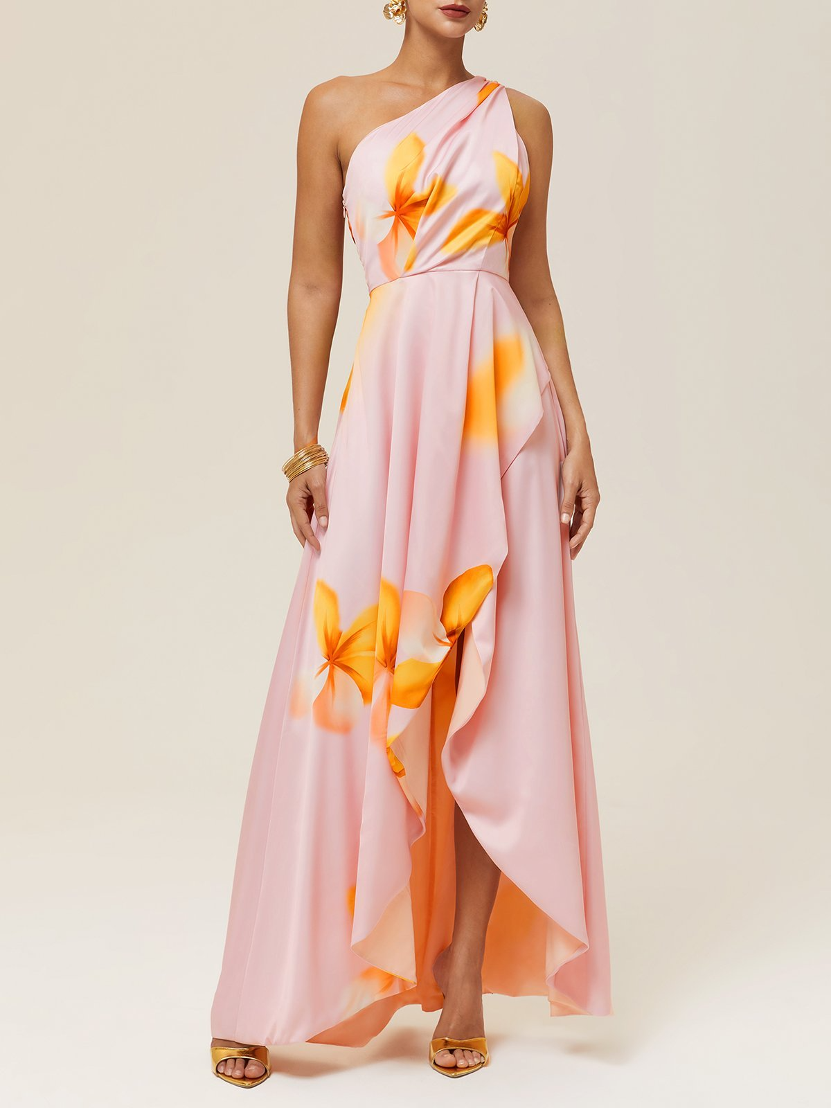 Women's Satin Print Asymmetrical Off-shoulder Hem Slit Maxi Dress MDA1104F9Y
