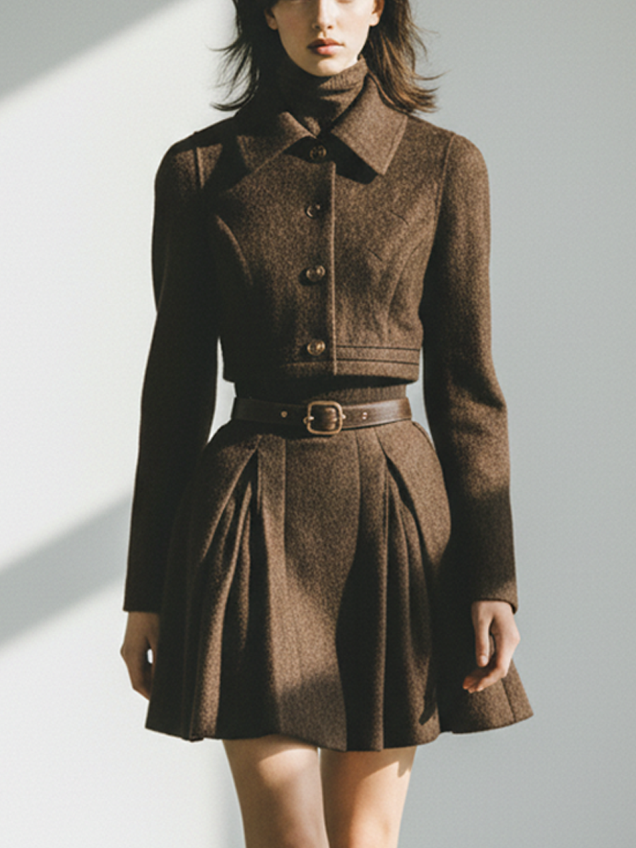 Women's Brown Jacket And Pleated Skirt Set (Belt Not Included) MDA1687L5AP