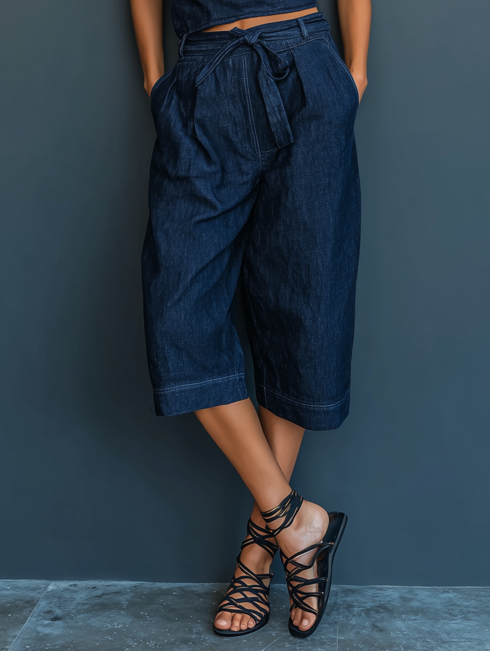 Women's Minimalist Halter Blouse And Denim Mid-length Pants Set MDZ2848B2Y