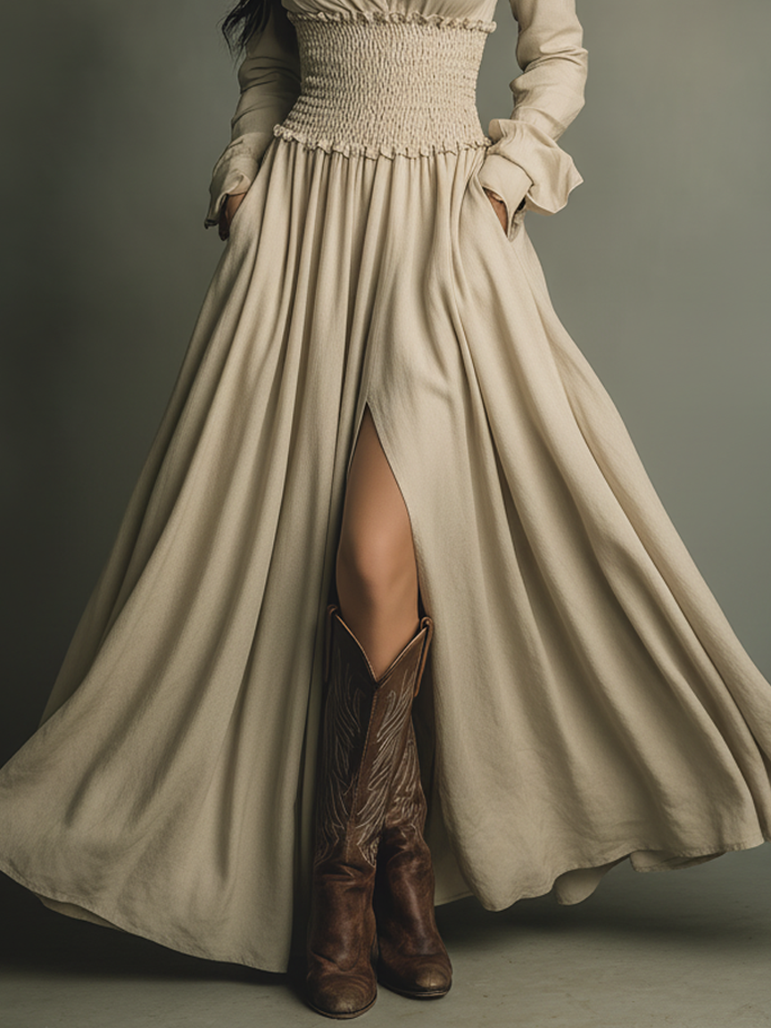 Women's Cotton-linen Blend Long-sleeved Shirt Collar Dress With Gathered Waist MDA1421K5Y