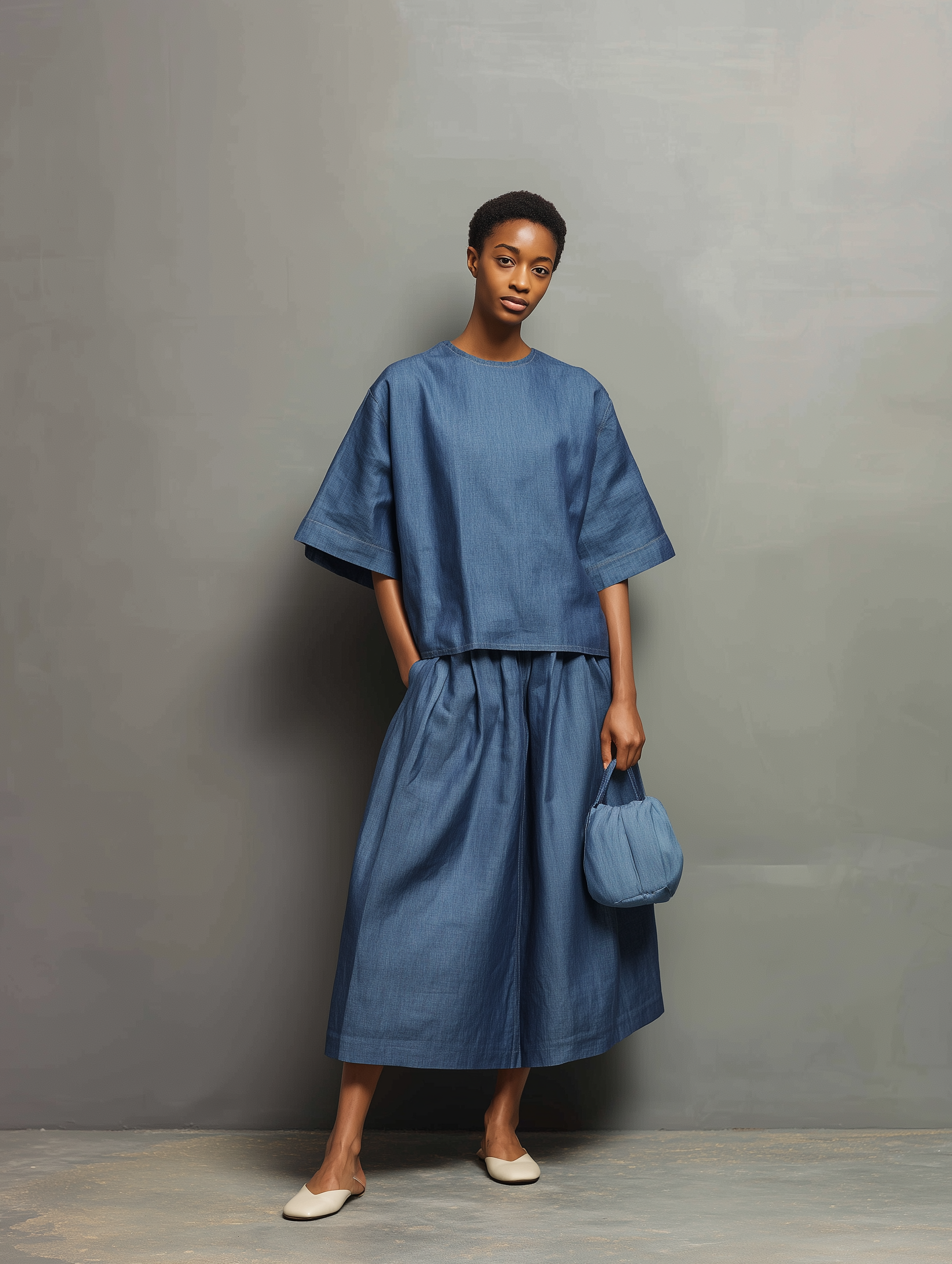 Women's Casual Denim Blue Loose-fitting Long-sleeved Round-neck Top (denim-like Fabric) Paired With A Skirt MDA2641L0AN