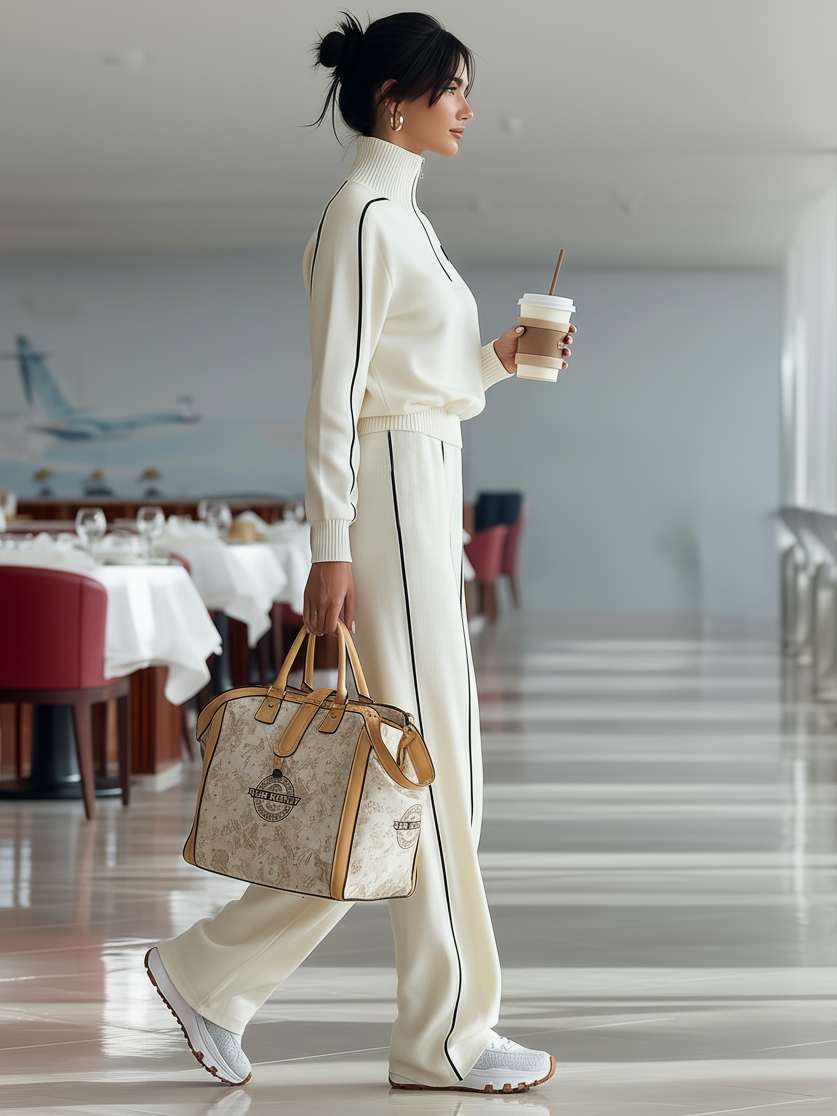 Women's Casual Ribbed Black Trim Zipper Half Turtleneck Sports Set MDA2436I5Y