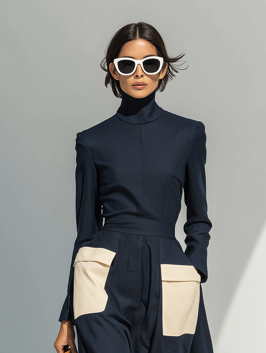 Women's Fashionable And Elegant Navy Blue Turtleneck Long-sleeved Fitted Top Paired With Matching Wide-leg Trousers With White Color Blocking Pockets MDA1828K2AN