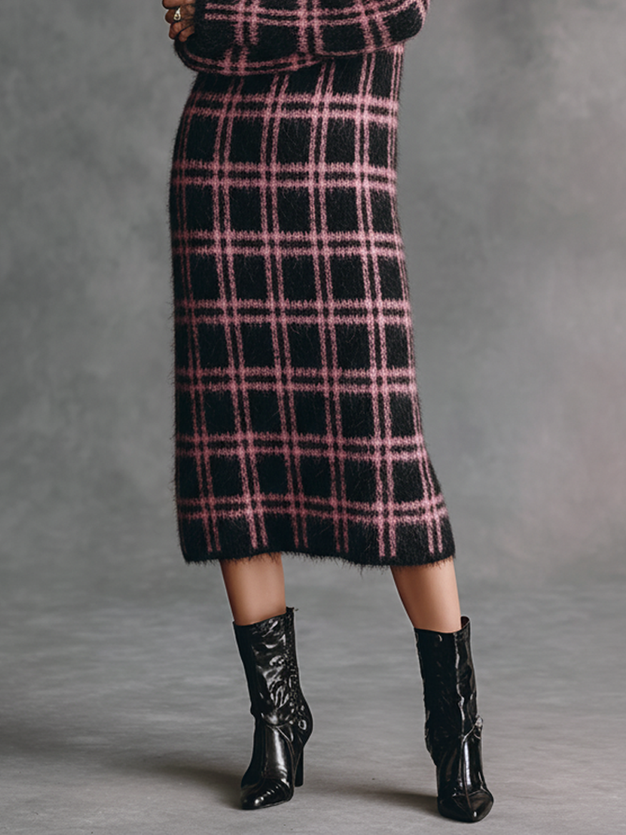 Women's Knitted Plaid Mock Neck Straight-fit Midi Dress MDA2965K8Y