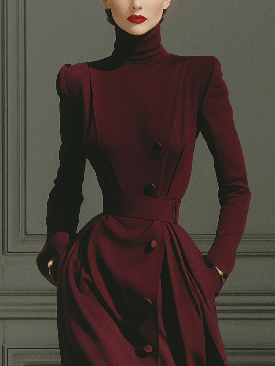 Women's Burgundy Slightly Stretchy Knitted Turtleneck Long Dress With Belt And Side Slit MDA1604L1T