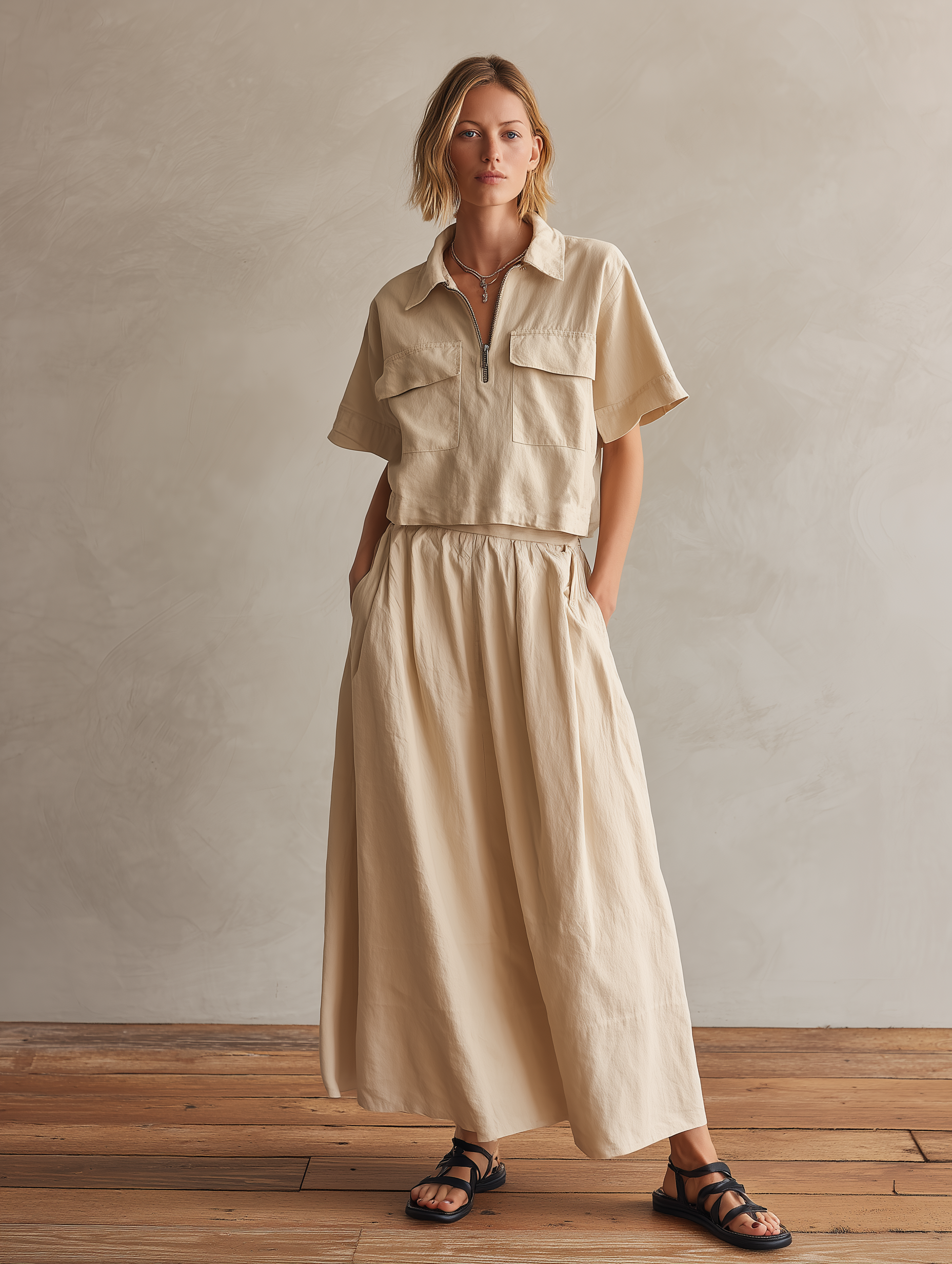 Women's Elegant Beige Woven Shirt Collar Short-sleeved Top Paired With A Skirt Set MDZ0382C5AN