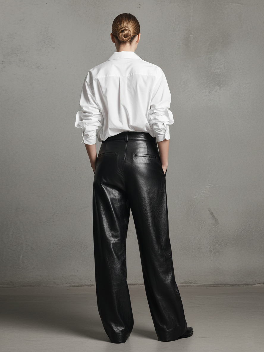 Women's Chic Cotton Shirt & Leather Wide-Leg Pants Set MDA1221L9AU