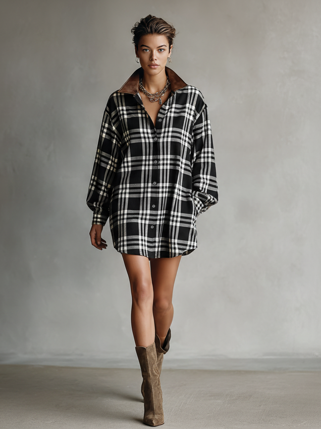 Women's Loose Plaid Splicing PU Leather Lapel Shirt Mini Dress MDA1614I8Y