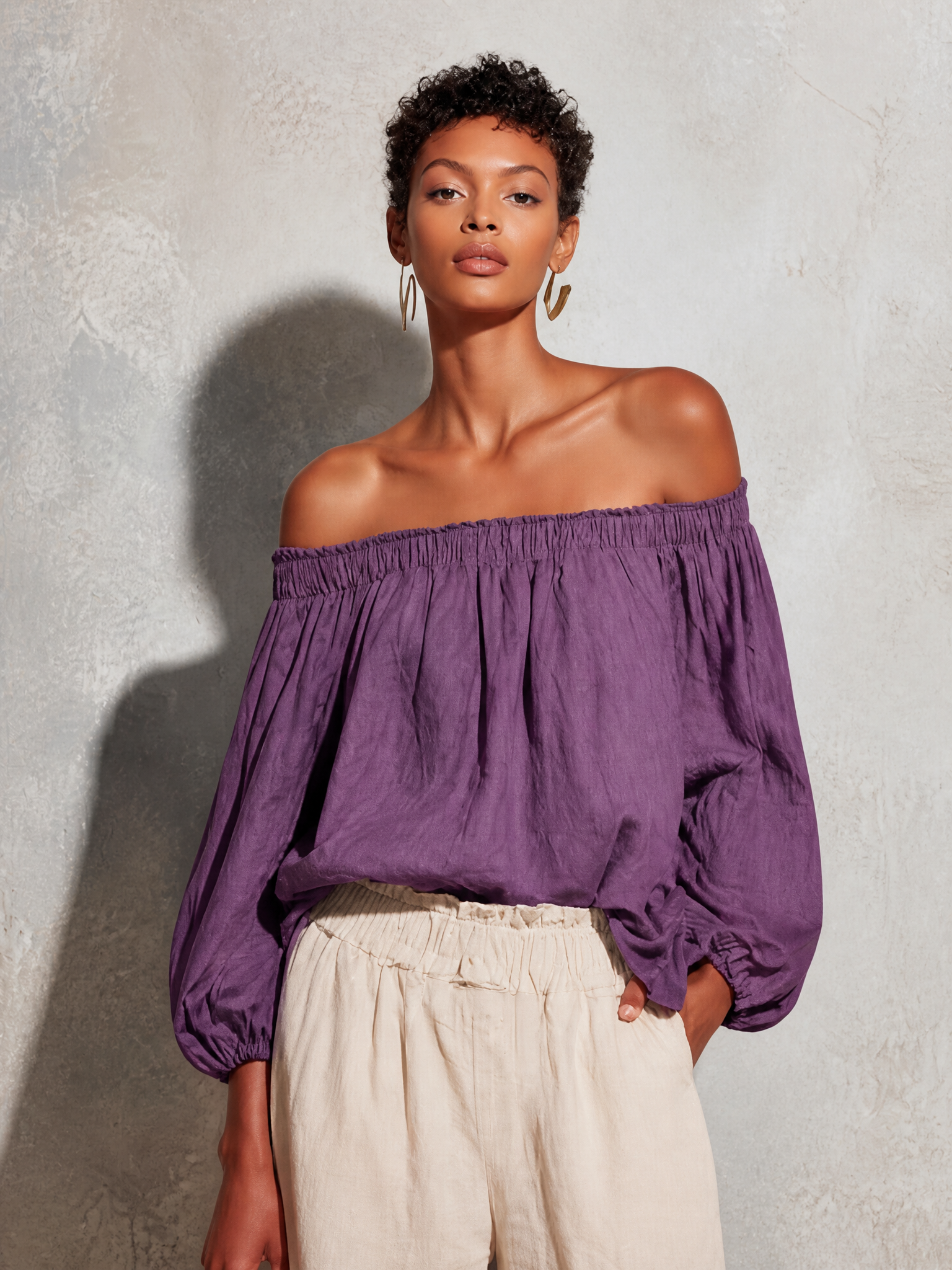 Women's Casual Style Purple Cotton And Linen Off-shoulder Long Lantern Sleeve Top MDZ0697E3GMJ