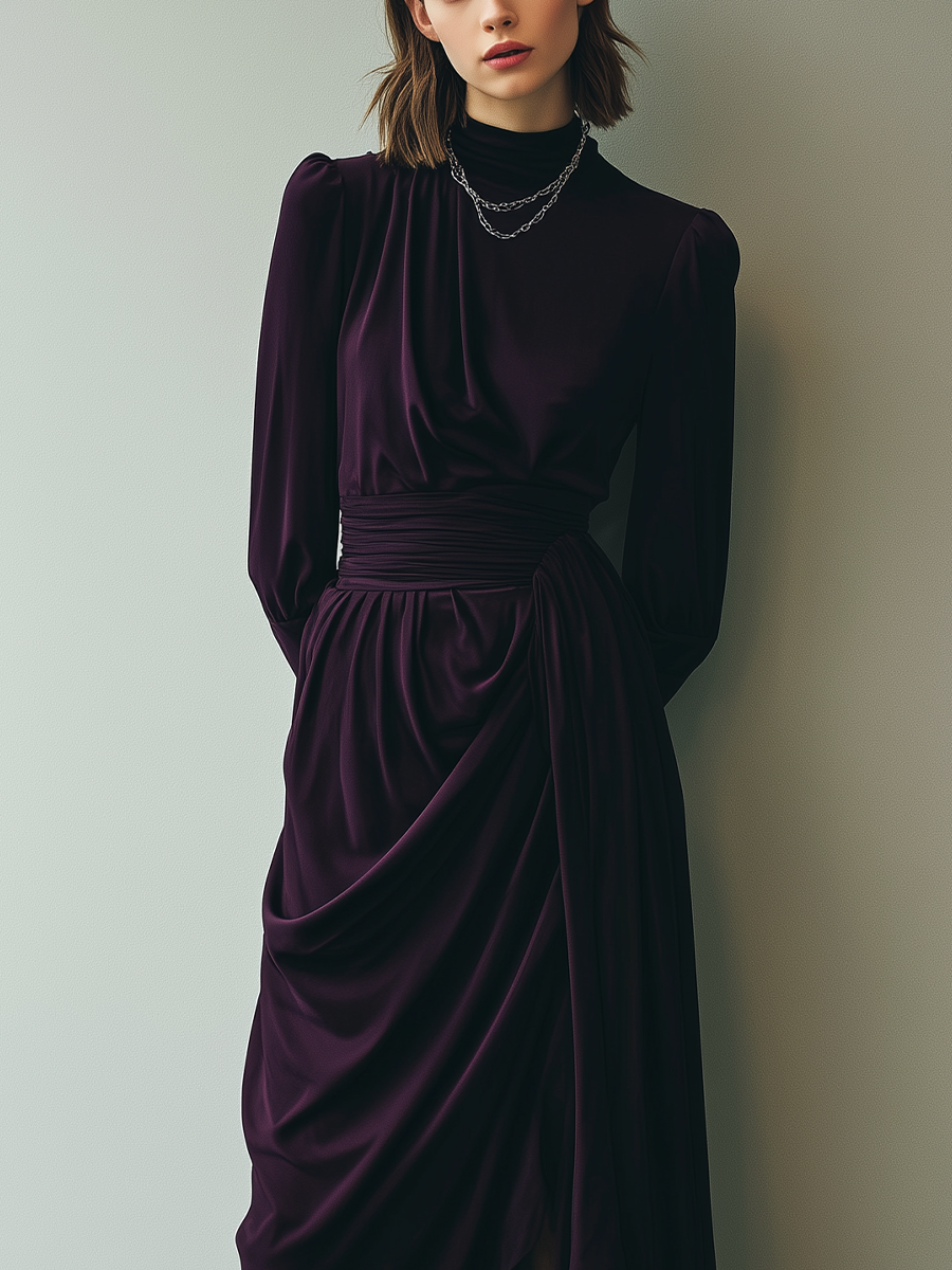 Women's Dark Purple High-Elastic Knit Pleated Slit Waist-cinching Midi Dress MDA3125J2T