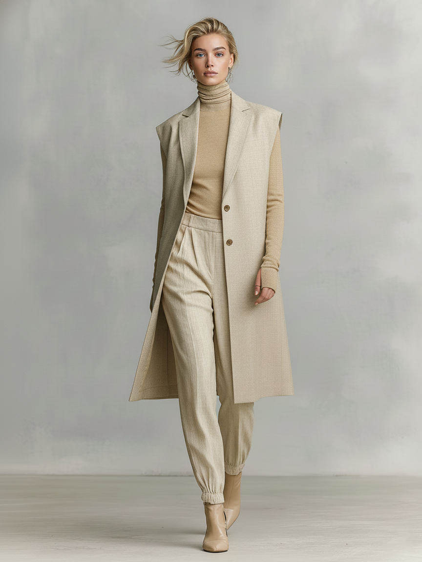 Women's Minimalist Woven Blend Lapel Single-breasted Mid-length Vest MDA2655K5Y