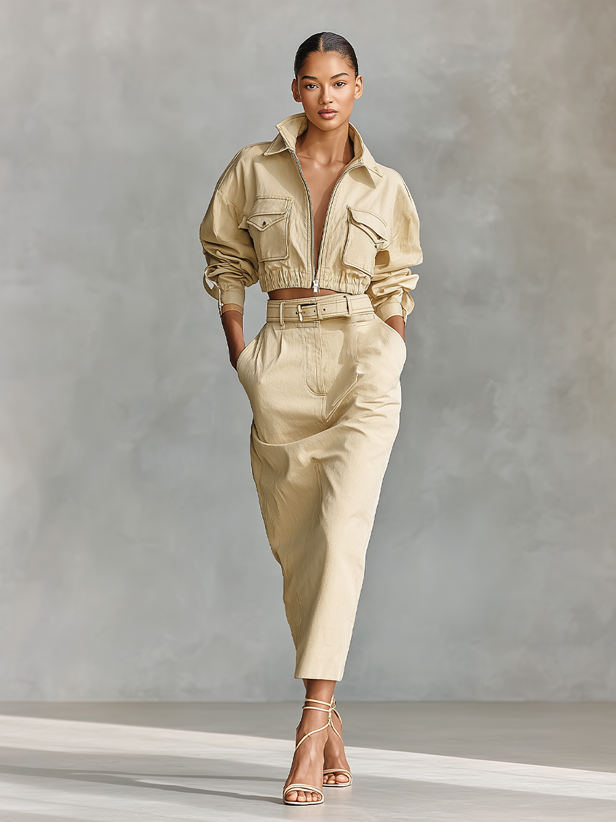 Women's Beige Chic Cotton - Blend Zip - Front Cropped Jacket And Belted Midi Skirt Set MDA1982I7I
