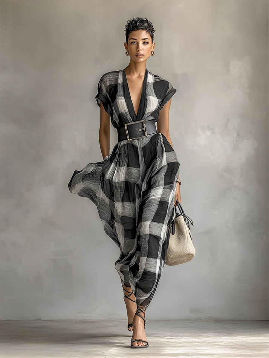 Women's Chiffon Plaid V-neck Cap Sleeve Belt Maxi Dress MDA1915G6Y