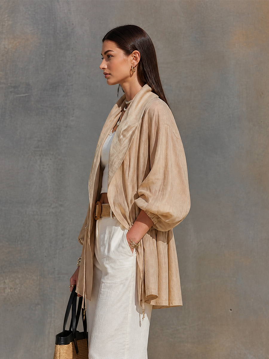 Women's Khaki Linen Blend Sheer Jacket With Lapel Collar Balloon Three Quarter Sleeves & Waist Drawstring, Minimalist Resort Lightweight Oversized Outerwear MDZ2240G0LYL