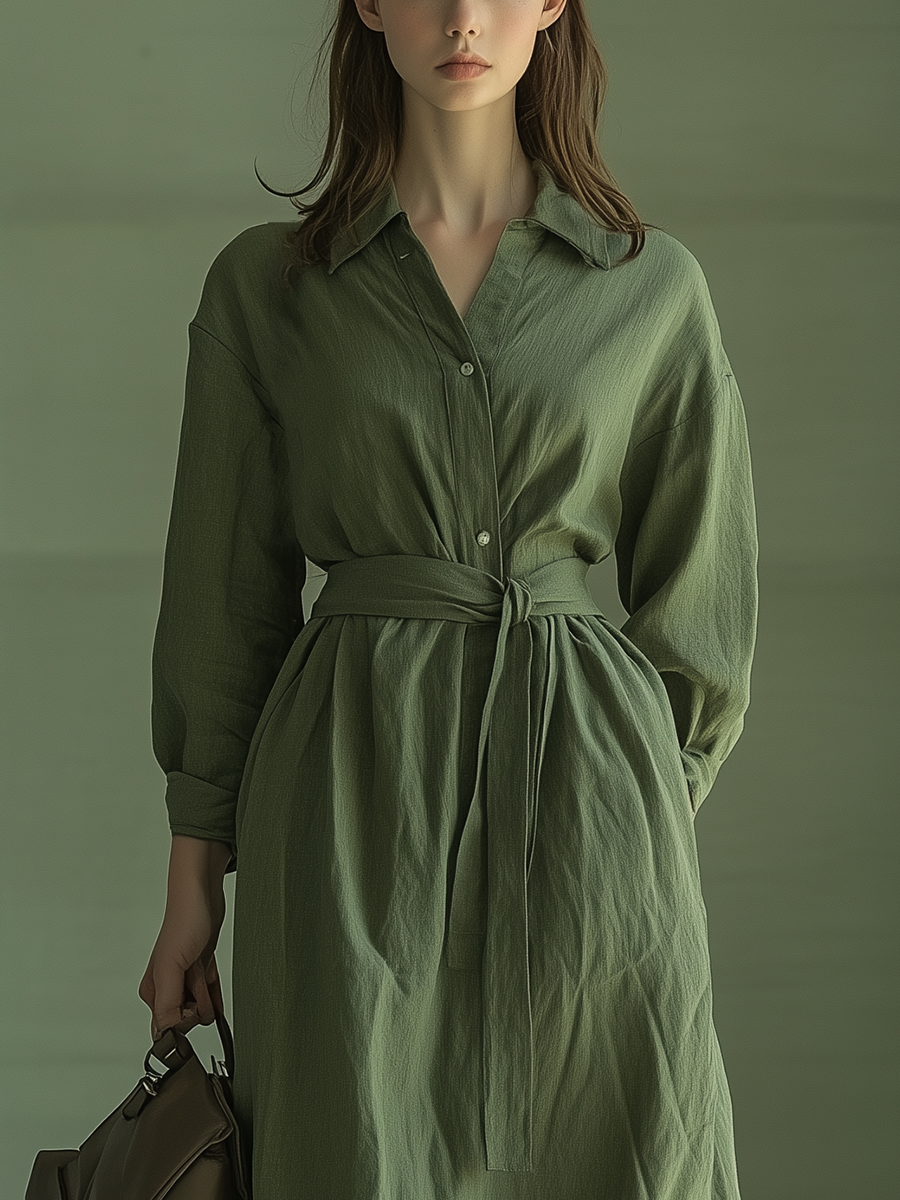 Women's Olive Green Cotton-linen Fabric Lapel Tie Waist-cinching Long Dress MDA2889K7T