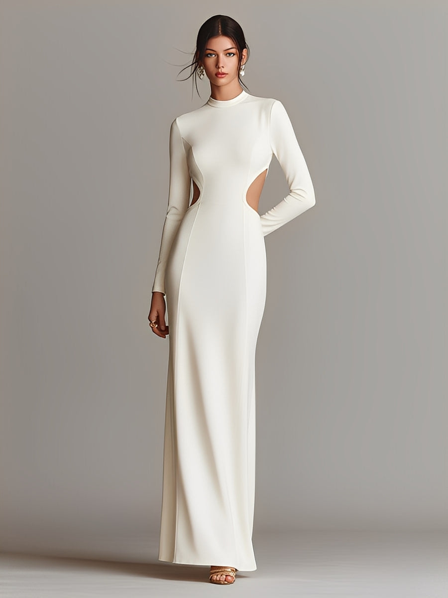 Women's White Structured Woven Dress With Long Sleeves & Bodycon Fit, Modern Elegant Style Dress MDA0972L7I