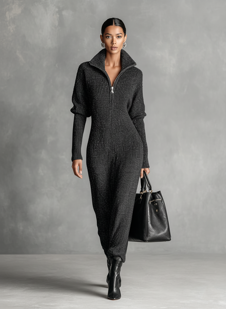 Women's Minimalist Solid Color Zipper Neck Knitted Maxi Dress MDA1633J4Y