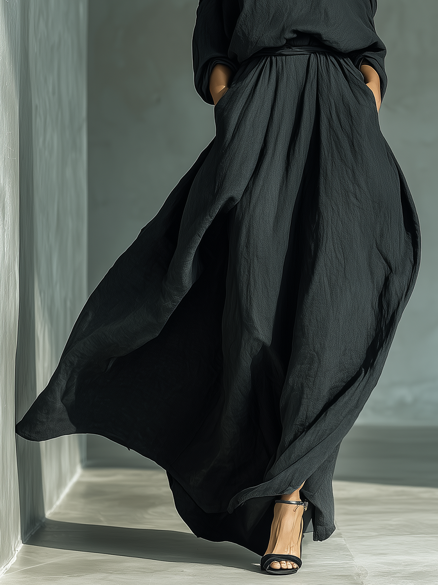 Women's Black Asymmetrical Off-the-shoulder Top And Skirt With Side Pockets Set MDZ2826B9T