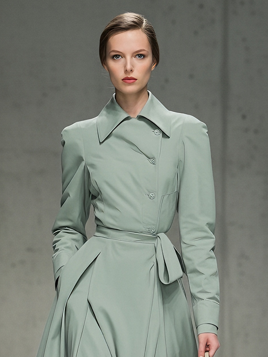 Women's Elegant Cotton-Blend Sage Green Trench-Collar Belted Pleated Midi Coat Dress MDA1215L9AU