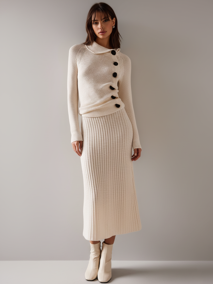 Women's Minimalist Knitted Single-breasted Sweater And Skirt Set MDA2893K4Y