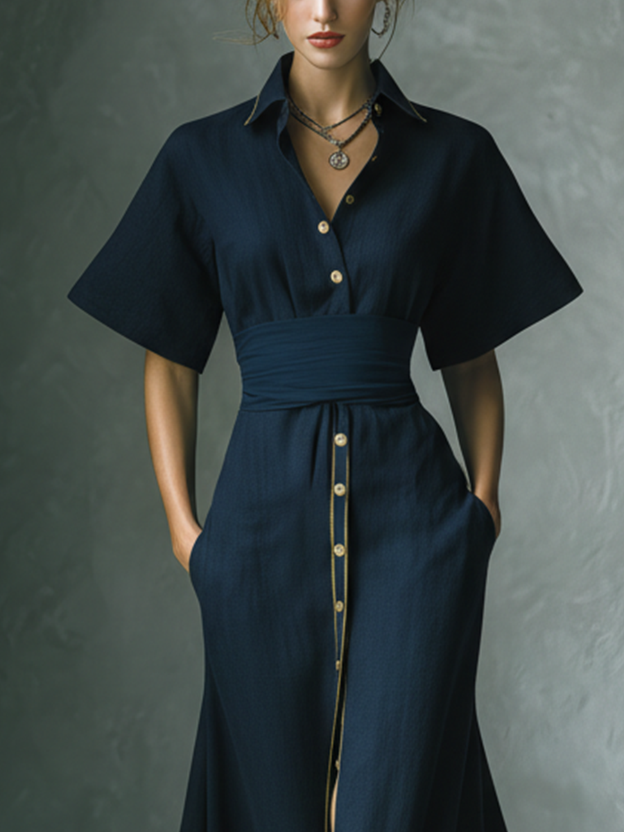 Women's Navy Blue Maxi Shirt Dress With Contrast Gold Trim & Wide Waist Belt MDZ2671B3T