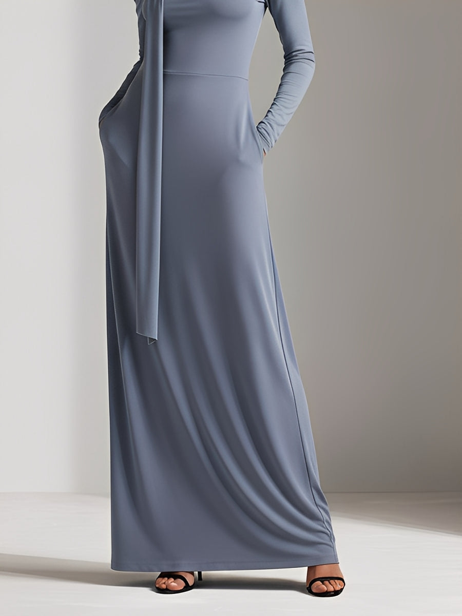 Women's Dusty Gray Stretchy Woven Dress With Turtleneck & Cold-Shoulder Cutout, Timeless Modern-Elegant Style Dress MDA1763L5I