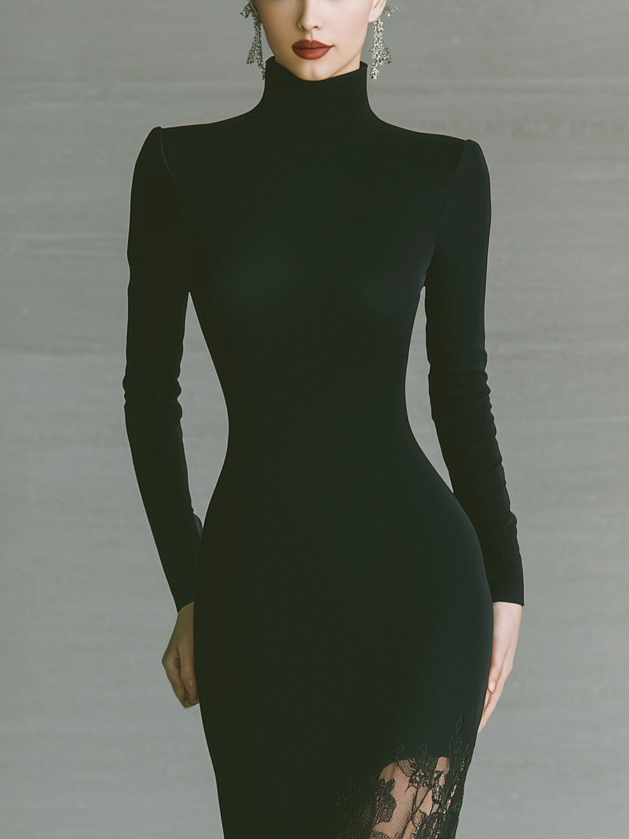 Women's Black Stretchy Knit High-neck Long-sleeved Mermaid Dress With Lace Hem MDA1270L5T