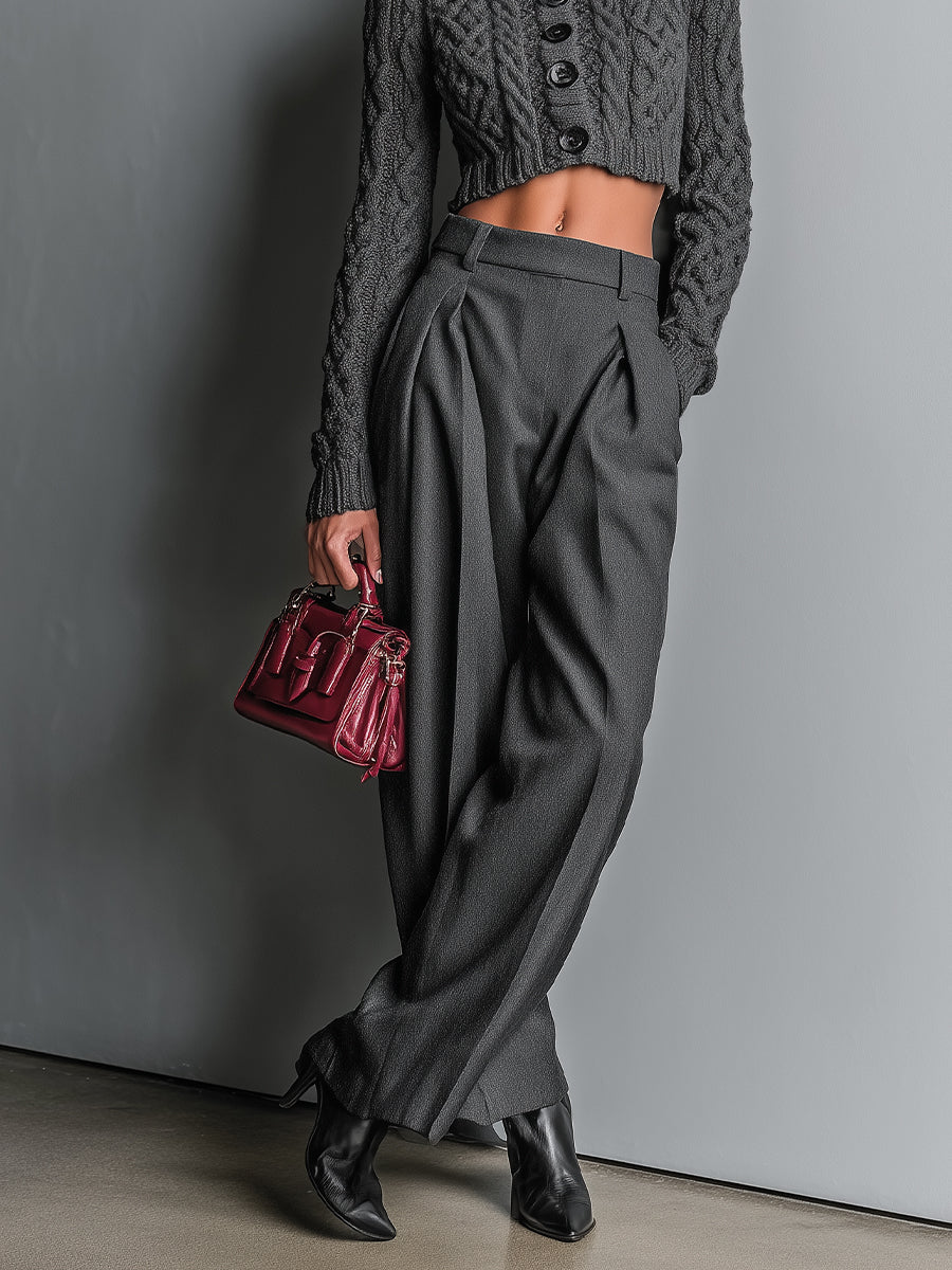 Women's Dark Grey Classic Knit Cropped Cardigan And Wide - Leg Trousers Set MDA1505I5I
