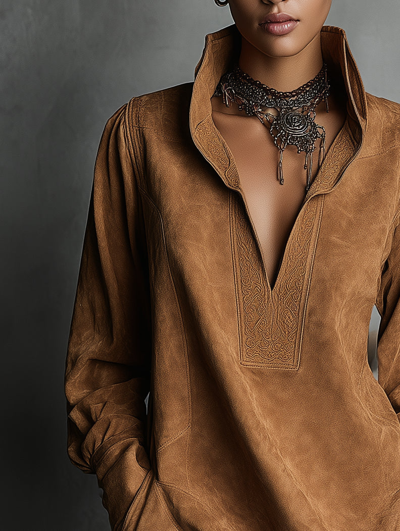 V-neck Suede Embossed Long-sleeved Casual Dress MDA0483K5AN