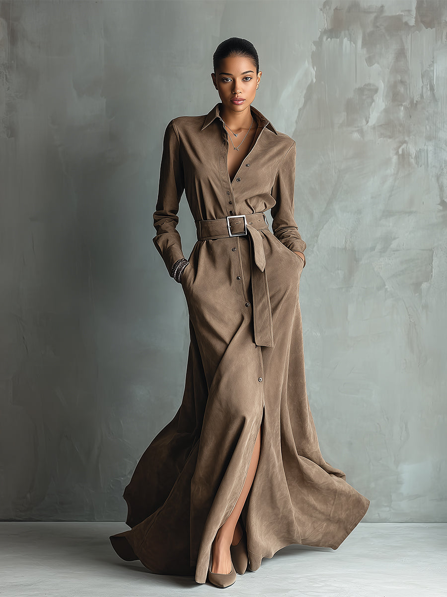 Women's Taupe Elegant Suede - Like Belted Shirt Maxi Dress MDA1441H1I
