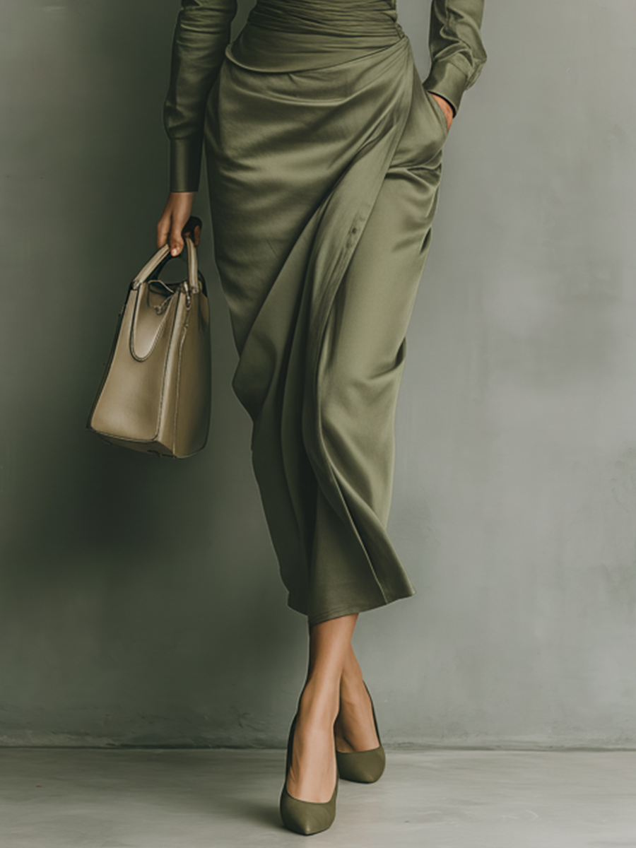 Women's Olive Luxe Fabric Long-Sleeve Ruched-Waist Pocketed Midi Dress MDA2318L6T